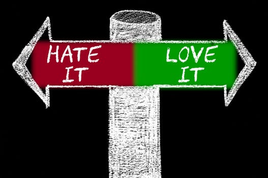 Opposite arrows with Hate It versus Love It. Hand drawing with chalk on blackboard. Choice conceptual image