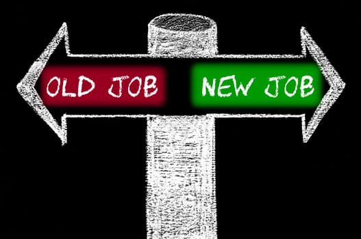 Opposite arrows with Old Job versus New Job words. Hand drawing with chalk on blackboard. Choice conceptual image