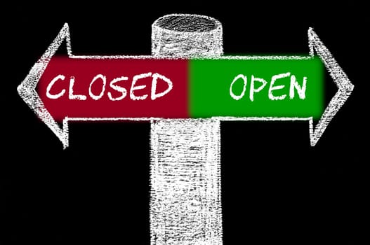 Opposite arrows with Closed versus Open. Hand drawing with chalk on blackboard. Choice conceptual image