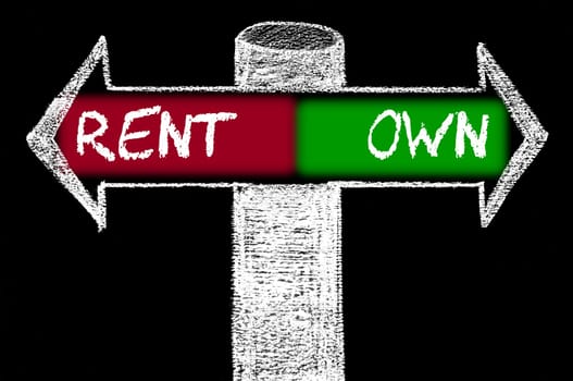 Opposite arrows with Rent versus Own. Hand drawing with chalk on blackboard. Choice conceptual image