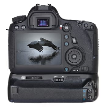 A close up shot of a digital SLR camera