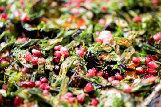 Spicy roasted eggplants with pomegranate seeds
