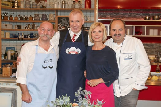 Ludger Pistor with Horst Lichter and Ilka Essmueller and Johann Lafer,recording of Lafer,Lichter,LECKER! at Studio Stahltwiete (broadcast 12.09.2015),Hamburg,06.06.2015