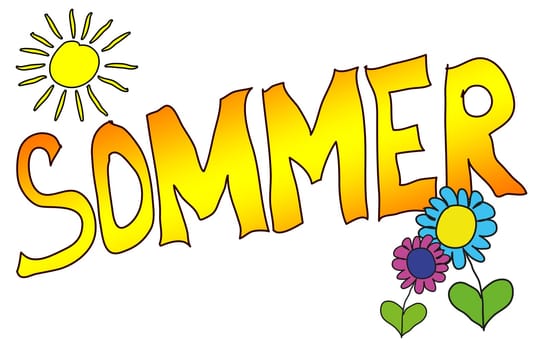 The word SUMMER is illustrated in a cheerful,childlike and colourful way!