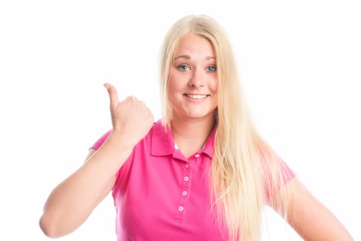 Young blonde woman's face shows thumbs up