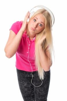 Girl with headphones makes big eyes and a kiss mouth