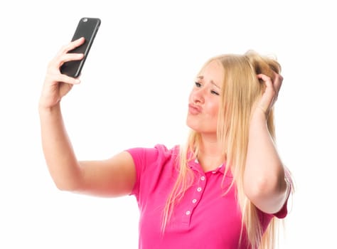 Blonde with kiss mouth takes a selfie