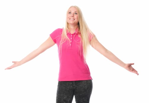 Young woman raises her arms with happiness