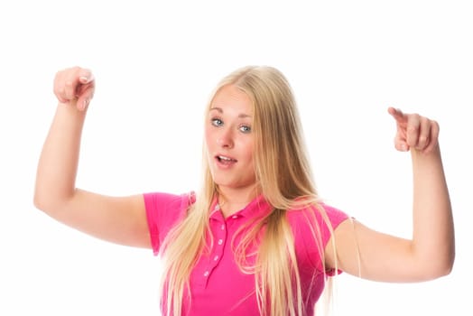 Young blonde woman conducts with her fingers