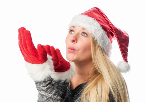 Christmas woman puffs over her hands