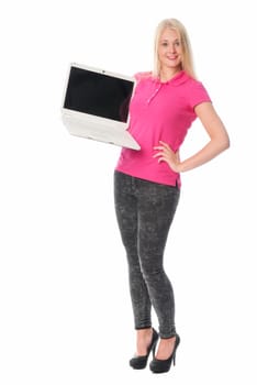 Blonde woman with laptop holds a presentation