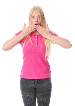Young blonde woman is terrified