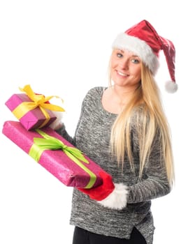Christmas woman holds a gift and smiles