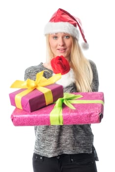 Christmas woman with gifts shows with the finger