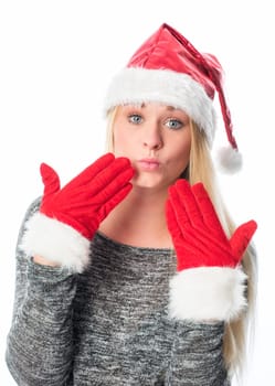 Christmas woman gives hand kiss