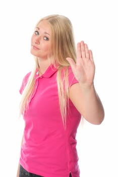 Young blonde woman in defensive posture