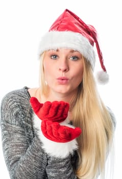Christmas woman gives a kiss