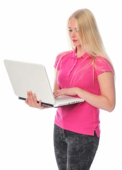 Blonde woman presents on laptop