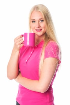 Blonde woman holds a coffee mug