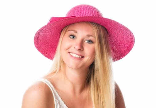 Blonde girl with straw hat in portrait