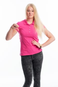 Blonde woman shows off her thumbs down