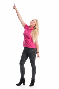 Young blonde woman points her finger up