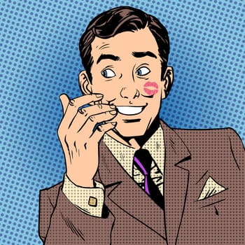 Playboy man with a kiss on the face with red lipstick Halftone style art pop retro vintage