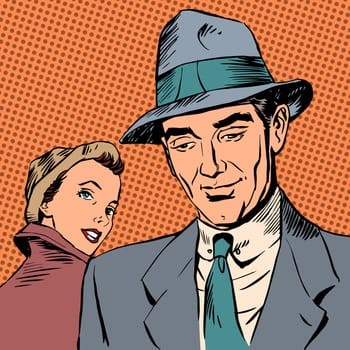 Meeting on the street. The woman glanced at the man. The theme is the city of love and affection Halftone style art pop retro vintage