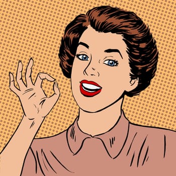 Woman showing okay gesture well the quality is perfectly fine Halftone style art pop retro vintage