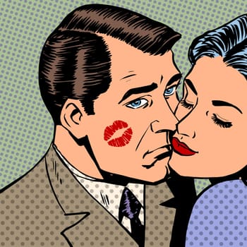 Sad man with traces of a kiss on the face and a woman Halftone style art pop retro vintage. The man pressed face to face women. Love and parting