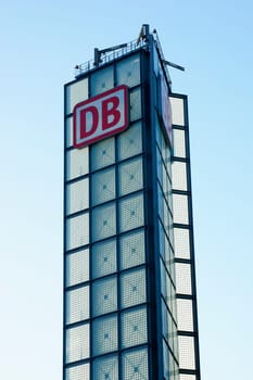 Berlin,Germany – June 04,2015: A tower and design element with the logo of Deutsche Bahn at Berlin Central Station on June 4,2015 in Berlin.