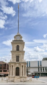 Istanbul, Turkey - August 31, 2022: Recently restored Nusretiye Clock Tower, aka Tophane Clock Tower, situated in Tophane, a neighborhood in Beyoglu district of Istanbul