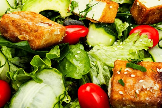 Tasty salad of greens, cucumber, avocado, tomatoes and grilled tofu soy cheese. Healthy Vegetarian Meals
