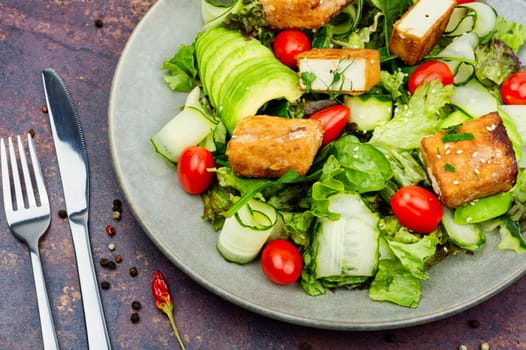 Tasty salad of greens, cucumber, avocado, tomatoes and grilled tofu soy cheese. Healthy Vegetarian Meals