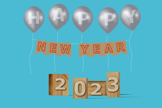 3D illustration New Year concept 2023 design with text on the wooden box and balloons on a blue atoll color background.