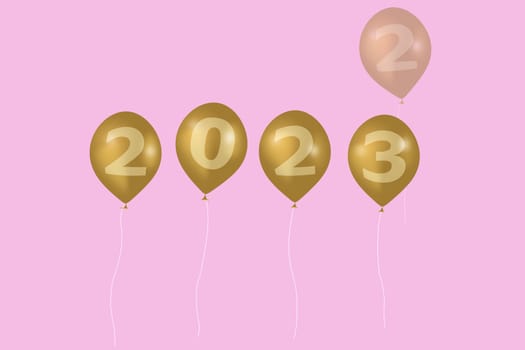 3D illustration concept New Year 2023 design with number on the balloons, the old year has passed.