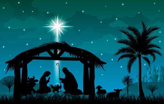 Scene of the Nativity of Jesus Christ. Christmas, the scene of Christmas. Christmas night.