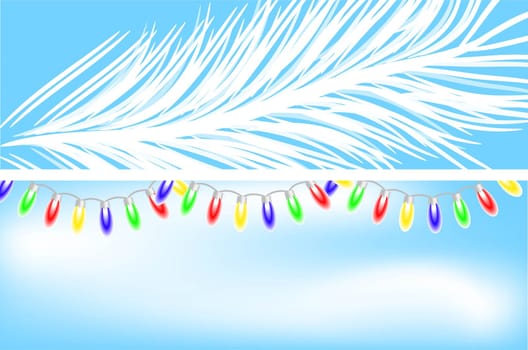 Two white and blue banners with a spruce branch and a garland. Concept of christmas and new year. Vector image.