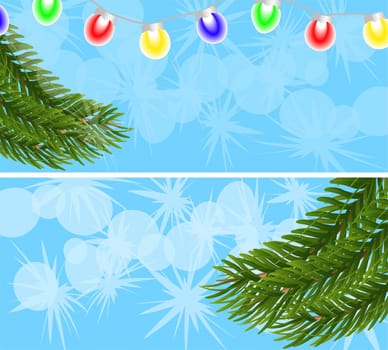 Two white and blue banners with snowflakes, fir branches and a garland. Concept of christmas and new year. Vector image.
