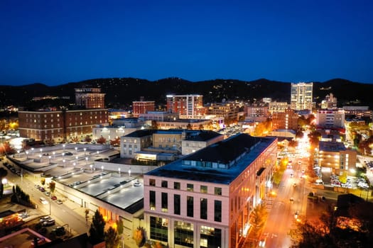 Aerial view of downtown Asheville, North Carolina at night