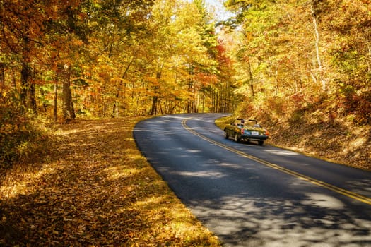 Scenic drive on Blue Ridge Parkway in North Carolina in fall