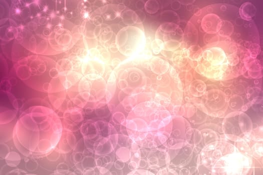 A festive abstract delicate Happy New Year or Christmas background texture with colorful gold yellow pink blurred bokeh lights and stars. Space for design. Card concept or advertising.