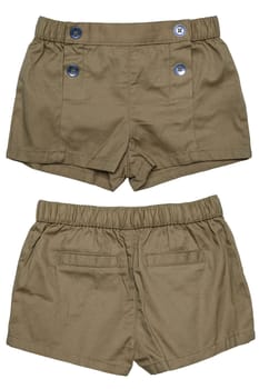 Set of an stylish fashionable brown short pants with with four fashionable buttons for the little girl isolated on a white background. Sexy kids fashion. Front and back view.