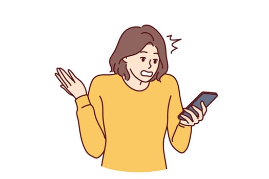 Puzzled woman holding phone and reading unpleasant messages from bank makes wave of hand. Bewildered girl reading fake news in smartphone and nervous about false information. Flat vector illustration