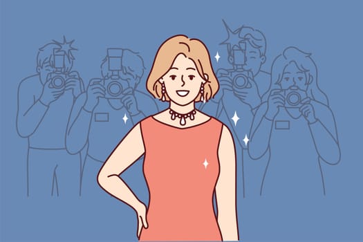 Smiling woman in evening dress posing for journalists during fashion show. Girl in beautiful necklace stands near photographers from fashion magazines and paparazzi. Flat vector illustration