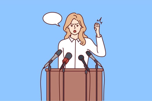 Professional woman politician speaks standing behind wooden tribune with microphones and waving hand. Young girl activist stands for tougher environmental regulations. Flat vector illustration