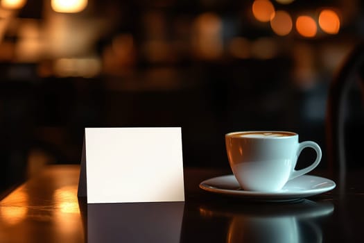 Blank menu card mockup on cafe table with coffee..