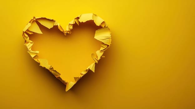 a rainbow heart shape made from torn paper. The heart is yellow. The flag is made of paper and has a rainbow pattern..