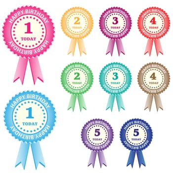 Birthday rosettes for children from 1 year to 5 years in assorted boy and girl colors. Isolated on white.
