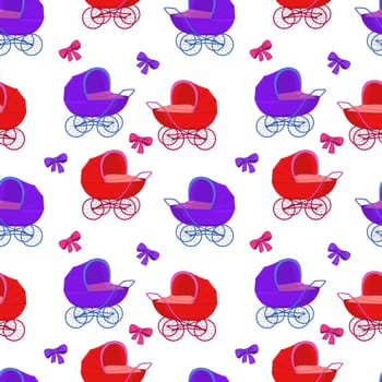 Vector seamless background, baby red and violet carriages and bows